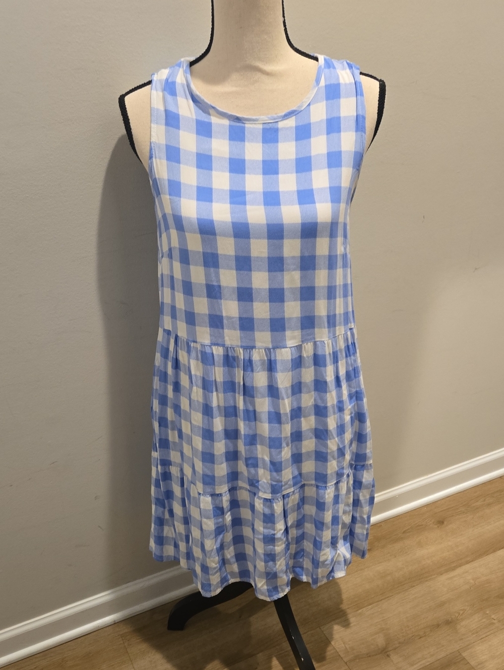 Blue and White Gingham Sleeveless Womens Dress